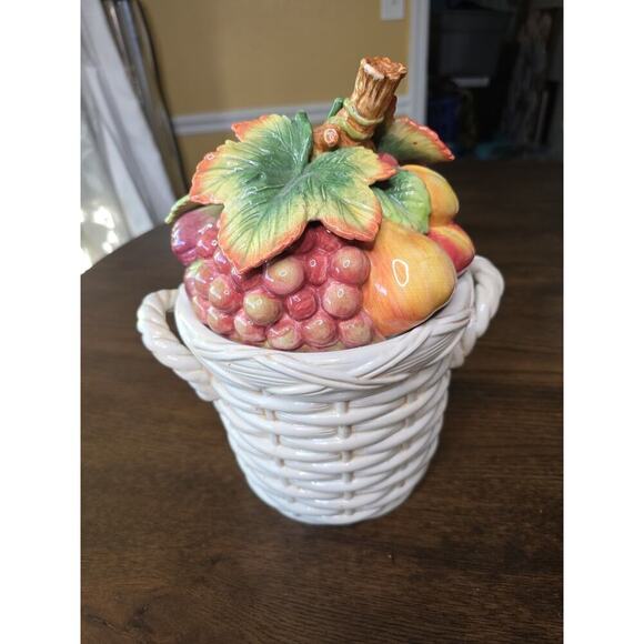 Fitz & Floyd Basket Weave Cookie Jar / Canister - Apple Pear Grape Peach 11 X 9 - Picture 7 of 16